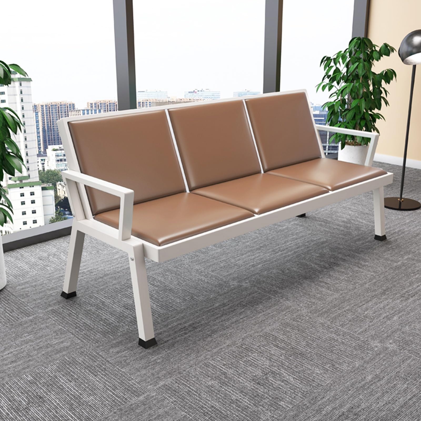Brown PU Waiting Room Chairs with Arms & Backrests - 175cm Lobby Bench Seating for Airport, Bank, School, Barbershop, Durable & Comfortable,Brown-175cm/69in