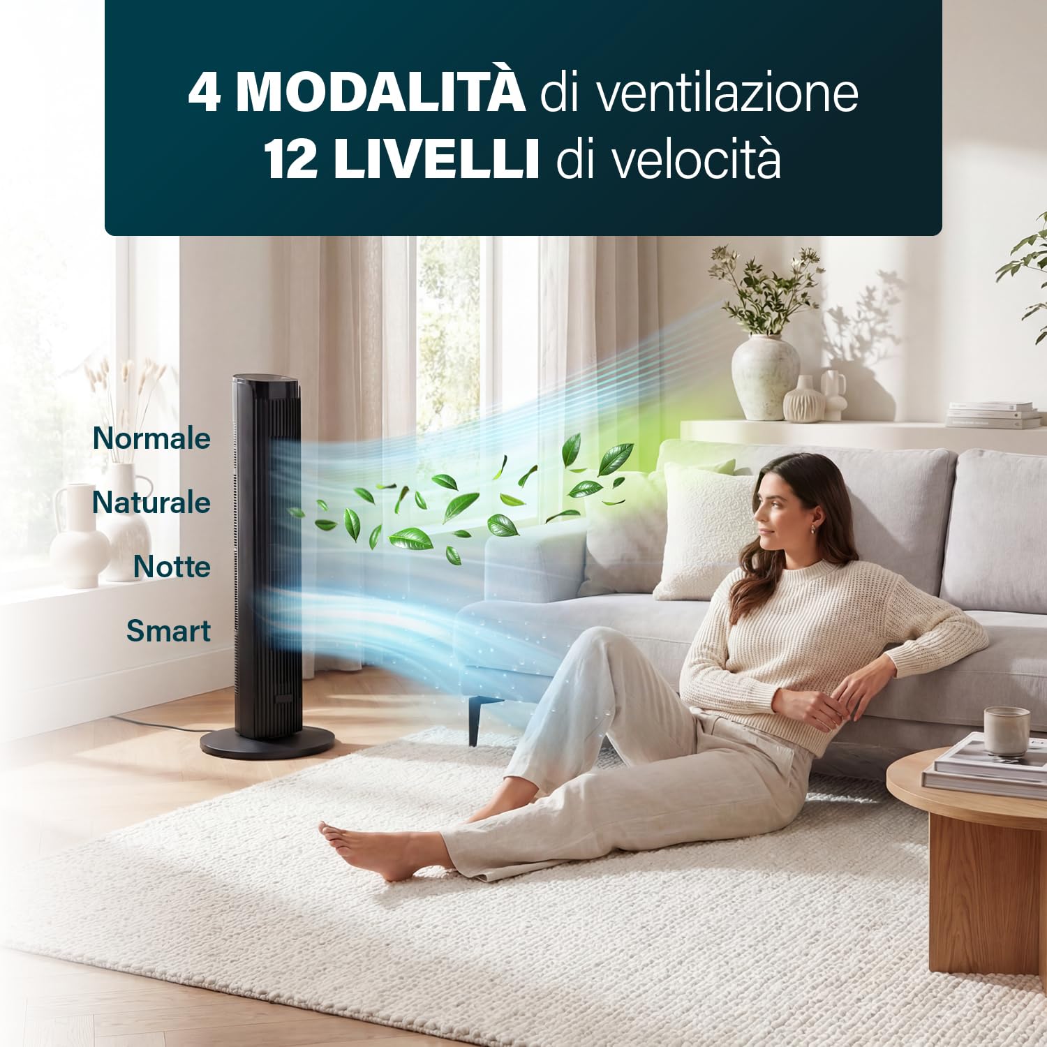 Princess Ventilatore a torre Design elegante - 40 W - Potente, Silenzioso, Basso consumo - Altezza: 91,5 cm - Oscillante - 4 modalità - 12 velocità - 352370