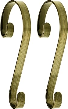 Haute Decor Stocking Scrolls Stocking Hanger- 2 Pack Antique Brass Metal - Christmas Stocking Holder Hook That Fits Most Mantel Sizes and Styles