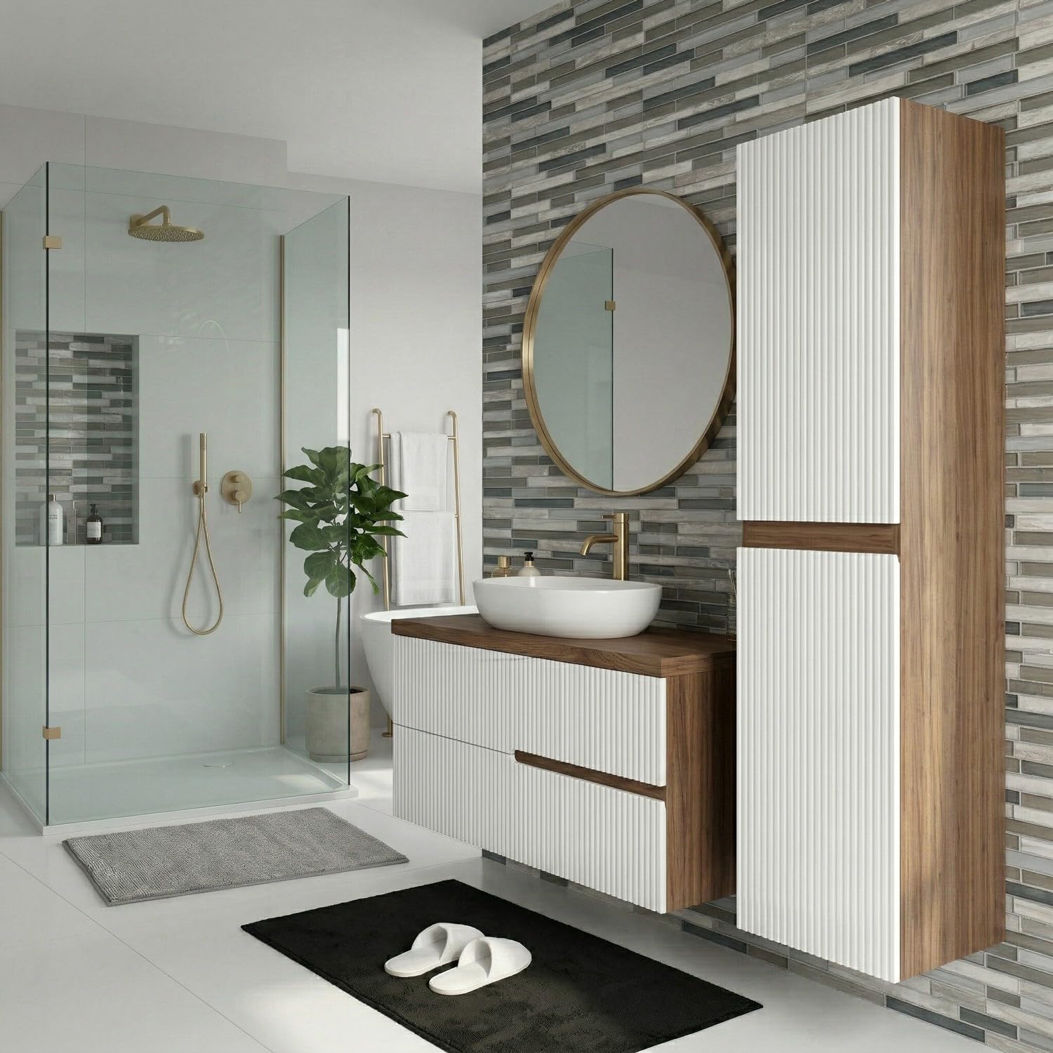 SANIVERRE EVA Meuble Vasque à Poser Suspendu L.100 cm Chêne Moka 2 Tiroirs Blanc Brillant Cannelé (sans Colonne) Salle de Bain