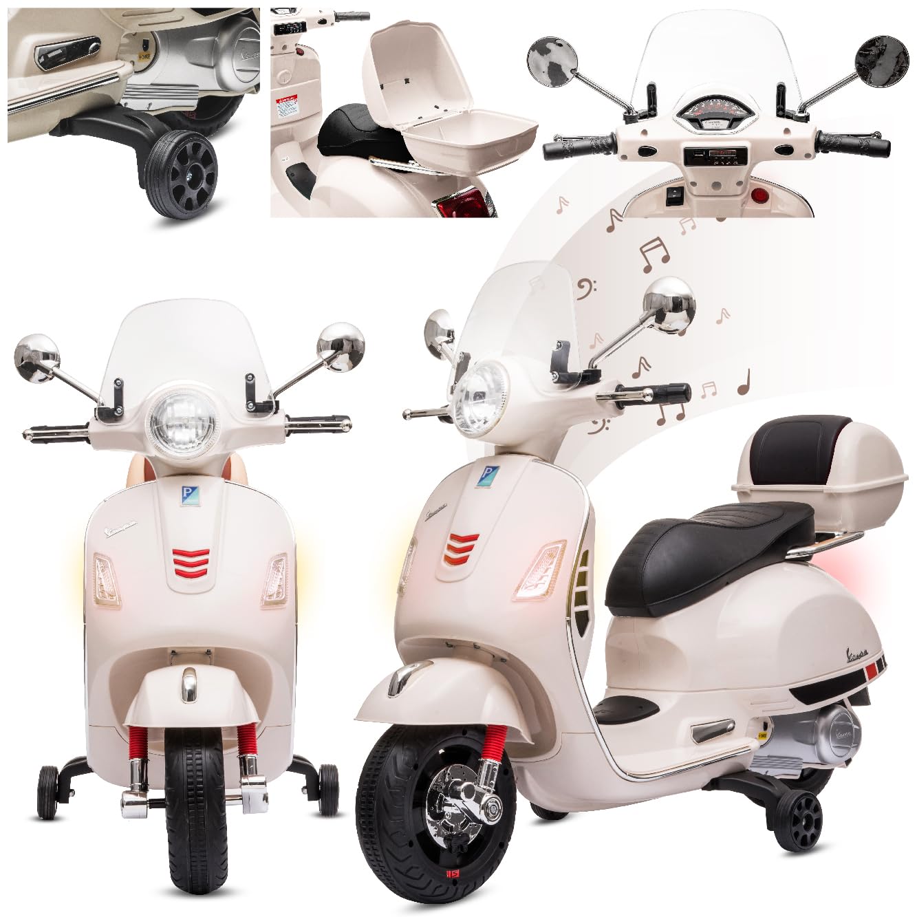 VESPA Elektryczny skuter dla dzieci, jeździk od 3 roku życia, plastikowe koła i siedzisko, kuferek, odtwarzacz MP3, gniazdo USD MicroSD AUX (Biały)