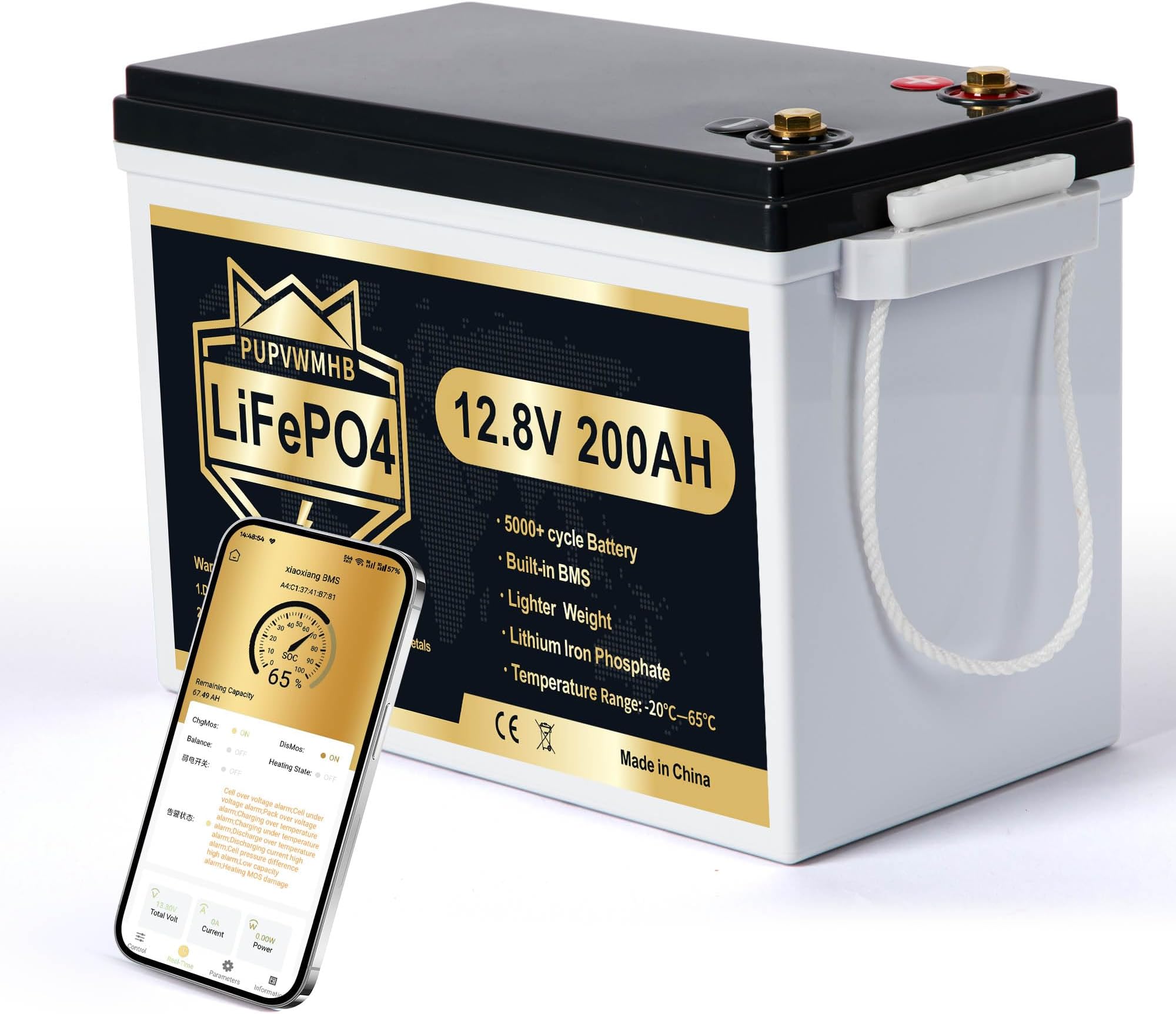 12V 200Ah MINI LiFePO4 Lithium Battery, Bluetooth Lithium Battery, 200A BMS, up to 15000 Cycles, Max.2560Wh Energy with Low Temp Cut off, Perfect for RV, Solar, Trolling Motor