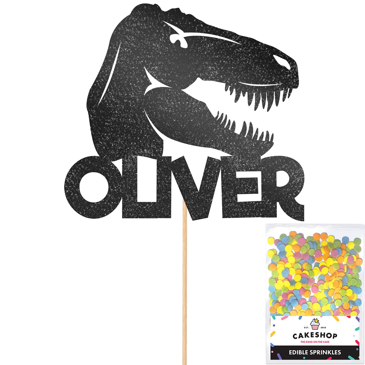 Personalised Birthday Dinosaur Glitter Cake Topper- Black Any Name Glitter Cake Decoration and Sprinkles - Happy Birthday Decorations - Personalised Toppers for Cakes by Cakeshop — image 1