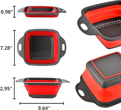 Miniatura 2 de Colador cuadrado plegable con asas, coladores de cocina de silicona cuadrados rojos con asas de plástico, colador de cocina plegable perfecto para