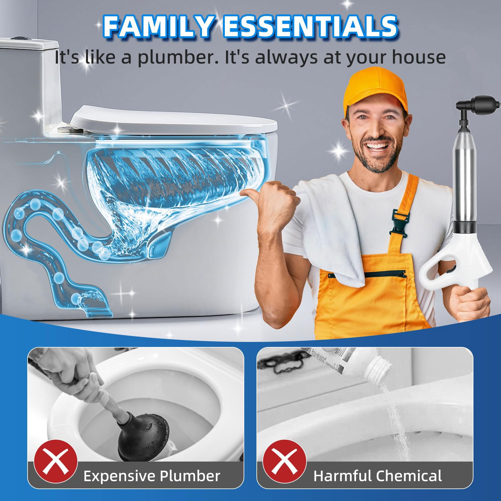 Desatascador Tuberias WC con Aire Comprimido con 4 Cabezas de Pistón | Profesional Desatascador Inflable de Alta a Presion con Inflador para Inodoro Lavabo Bañera Tubería Plato Ducha Fregadero