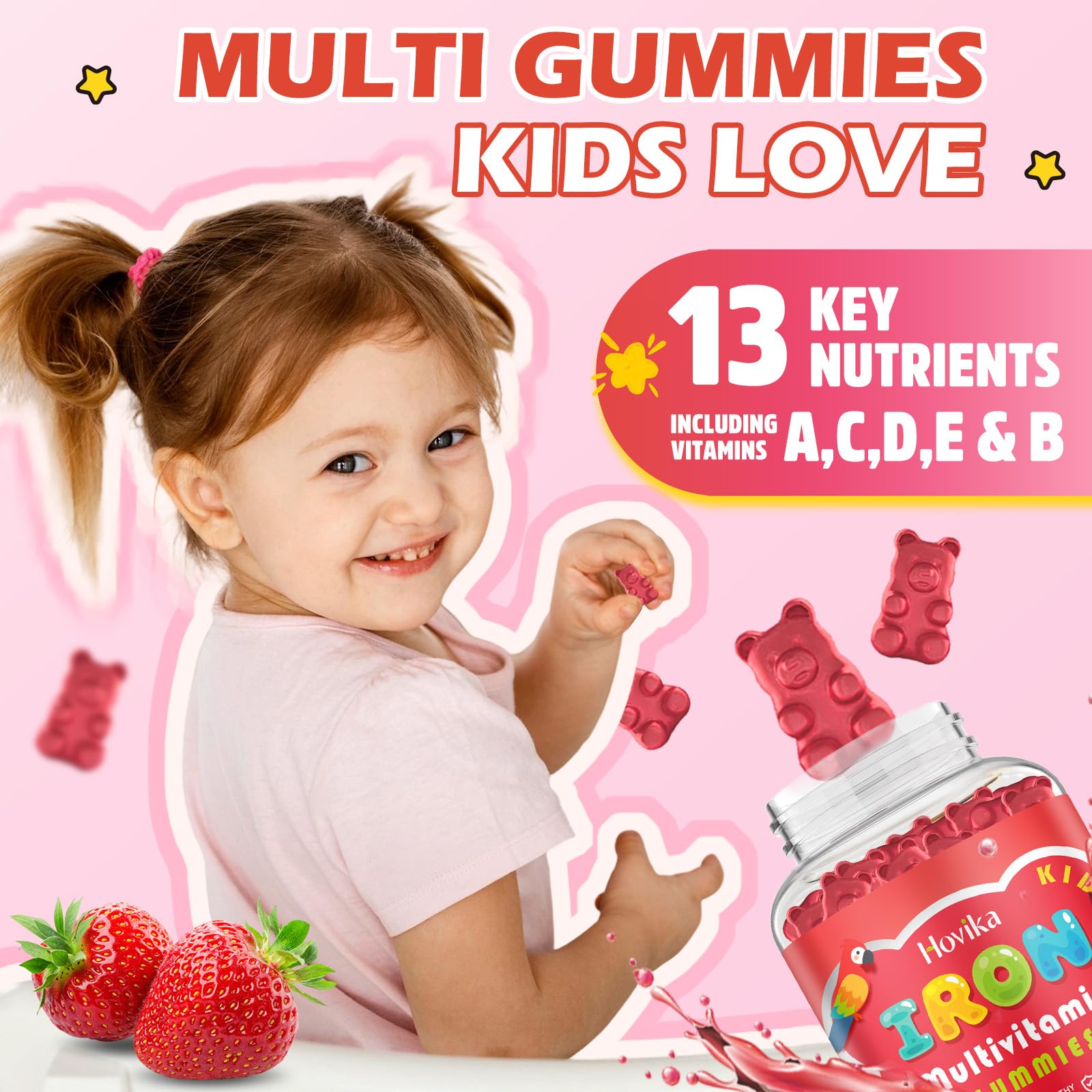Iron Supplement Gummies for Kids with Multivitamin, Calcium, Zinc, Folate - Kids Iron Gummies Support Immune, Blood Builder, Iron Deficiency, Anemia & Energy - Vegan, Strawberry 60 Count — Amazon image 2