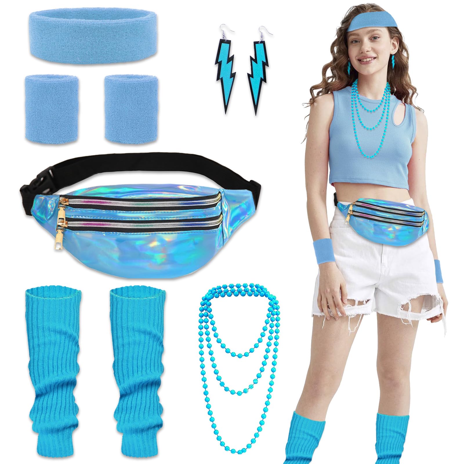 80s Outfit Women's 80s 90s Accessories with Bum Bag Headband Leg Warmer Bracelets Necklace Earring for Retro Tracksuit Carnival Fancy Dress Theme Party Costume 80s Clothing, blue, Set 1