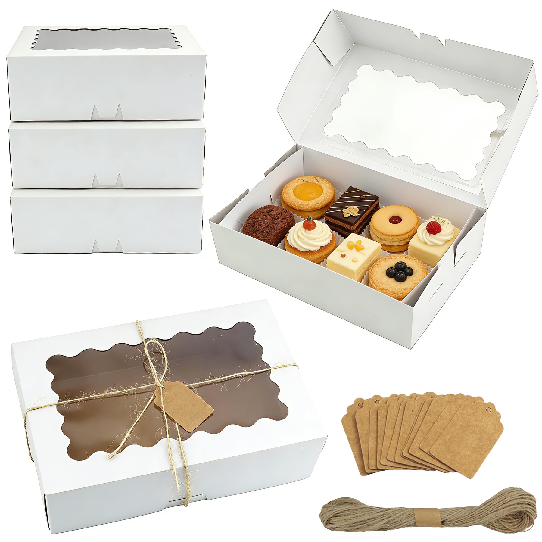 Gad2go White 12 Pieces Kraft Bakery Boxes With Window 23 X 15.5 X 7.3 Cm Paper Cookie Box Empty Gift Box For Dessert Pastry Candy Muffins Cupcake Packing