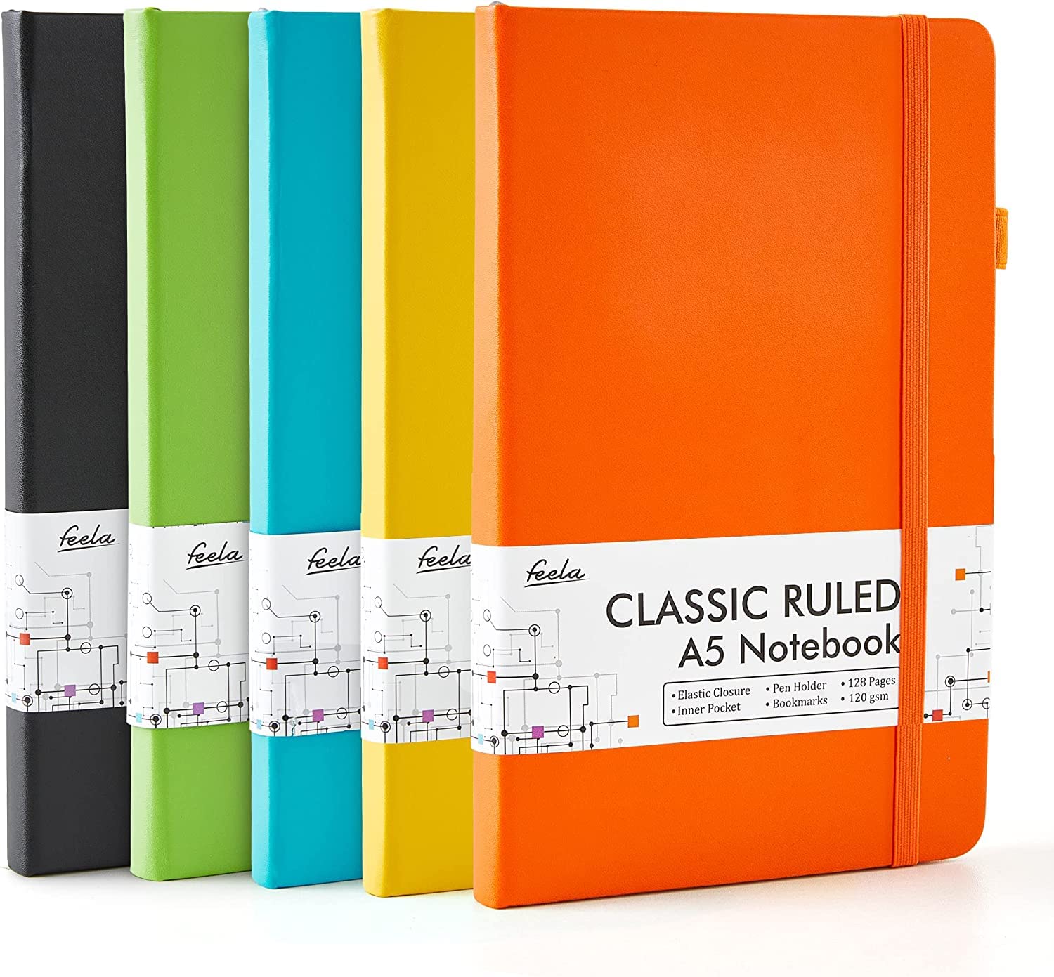 feela Lot de 5 Carnet de Notes A5 avec 5 Stylos Noirs, Carnet A5 Ligné Classique à Couverture Rigide, Carnet de Notes Cuir pour Travail et Prise de Notes, 128 Pages, 120 gsm, Couleurs Unies