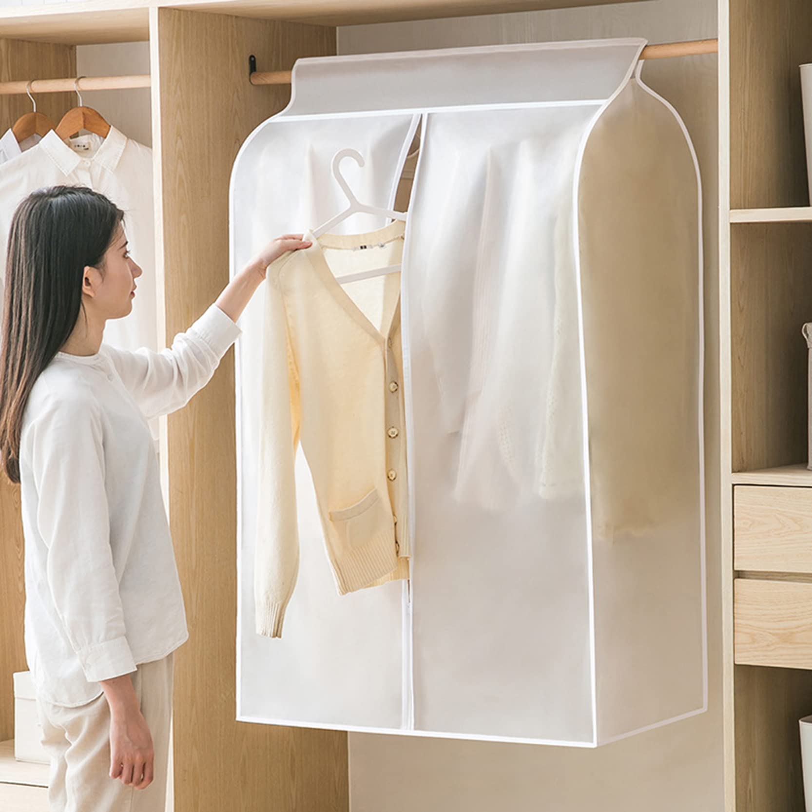 PEIFENG TUNAN Doorzichtige kledingkleding, stofdichte hoes, mottenbestendige railhoes, opbergtas met ritssluiting, PEVA, doorschijnende beschermerpaktas voor reizen en opslag (helder witte stijl, 90 x