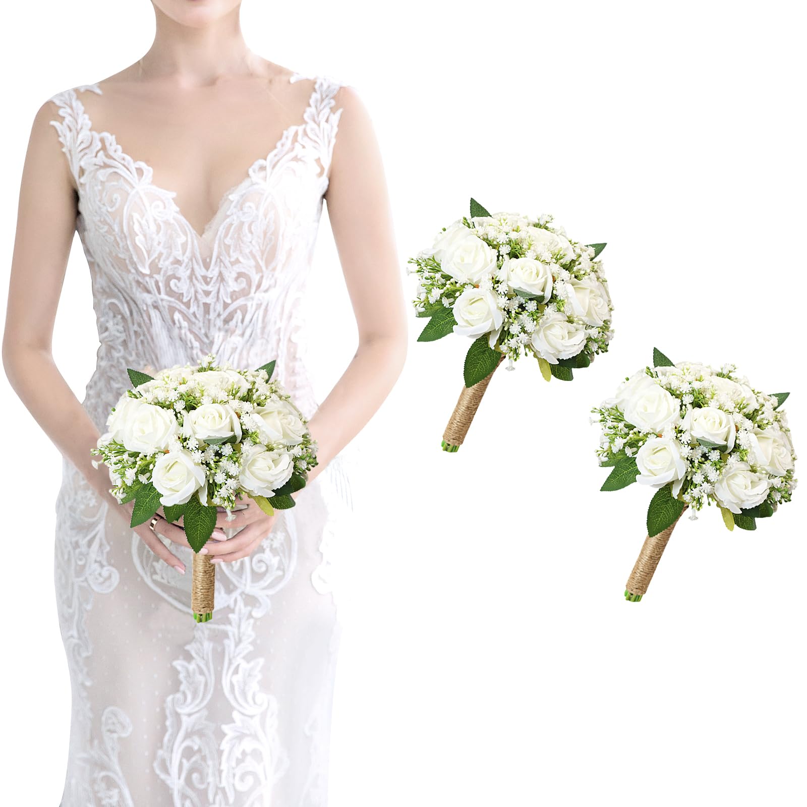 SEMONONIA Bridesmaid Bouquet White Wedding Flowers Bouquets Set of 2 - Artificial Rose and Baby's Breath Rustic Small Floral Bouquet for Bridesmaid Fake Sage Green Boho 7 inch Wedding Decor