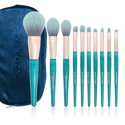 ENZO KEN - Juego de brochas de maquillaje azul con estuche, juego de brochas de maquillaje veganas profesionales, juego de brochas de maquillaje,