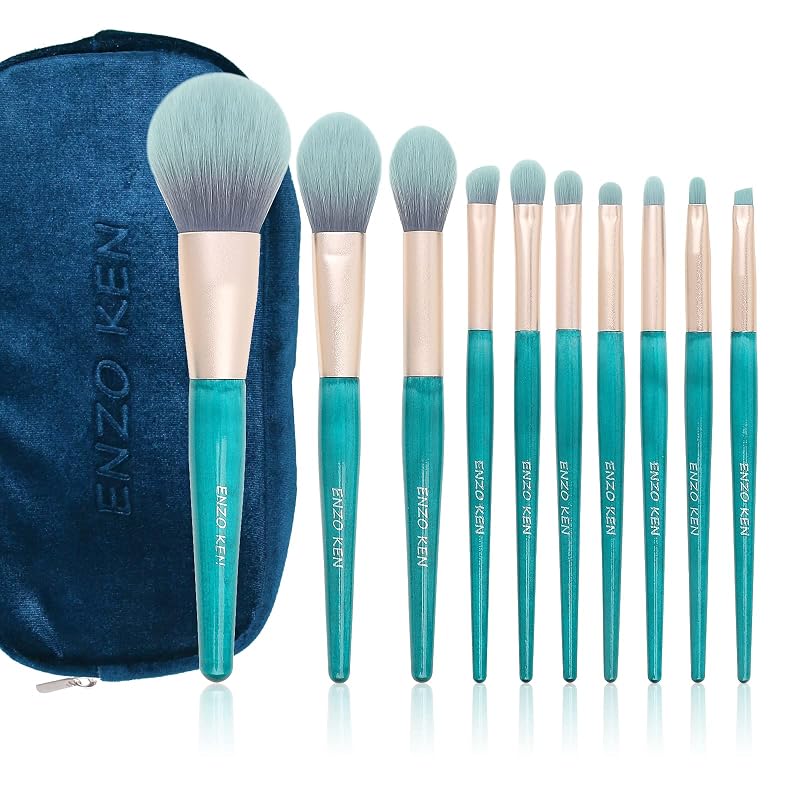 Kit de 10 pincéis de maquiagem ENZO KEN Peacock-Blue com estojo