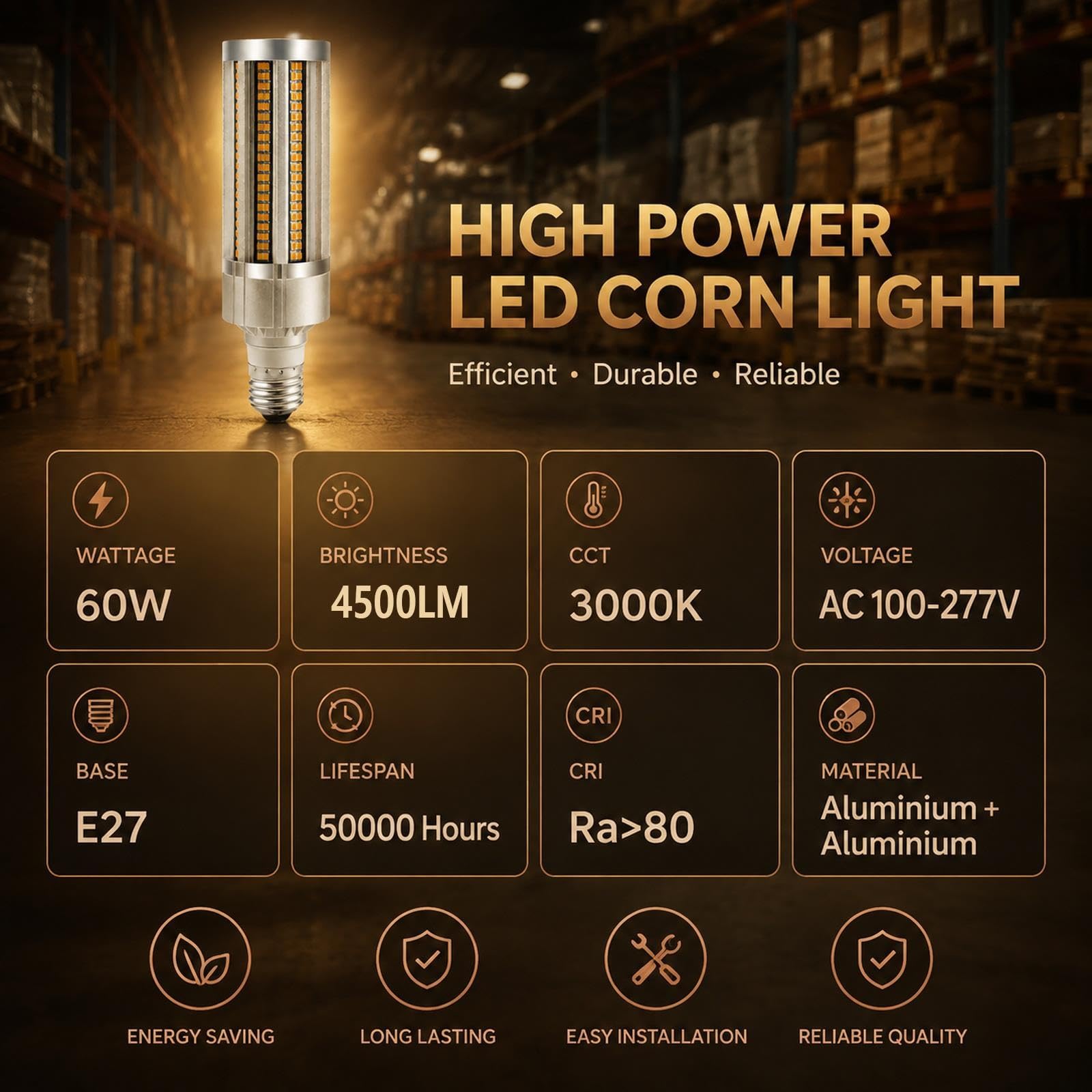 Lampadina LED Mais E27 Luce calda 3000K 60W Alta Potenza Non Dimmerabile
