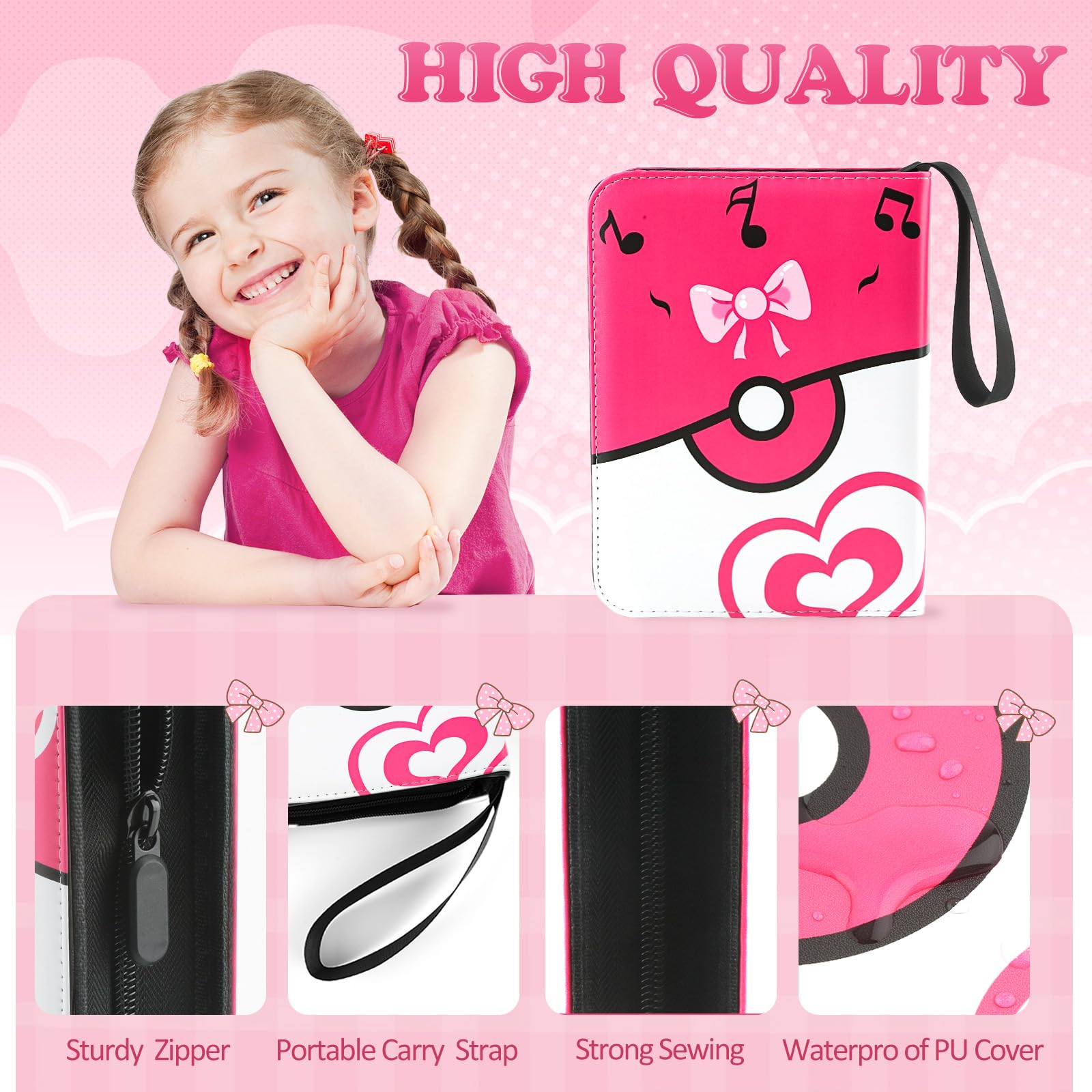 Kartenbinder für Mädchen, 4 Taschen, 400 Kartenhalter mit 50 abnehmbaren Hüllen, Sammelkartenhalter für TCG-Spielkarten, Sammleralbum, Sport-Sammelkarten, Sammelalbum, Rosa