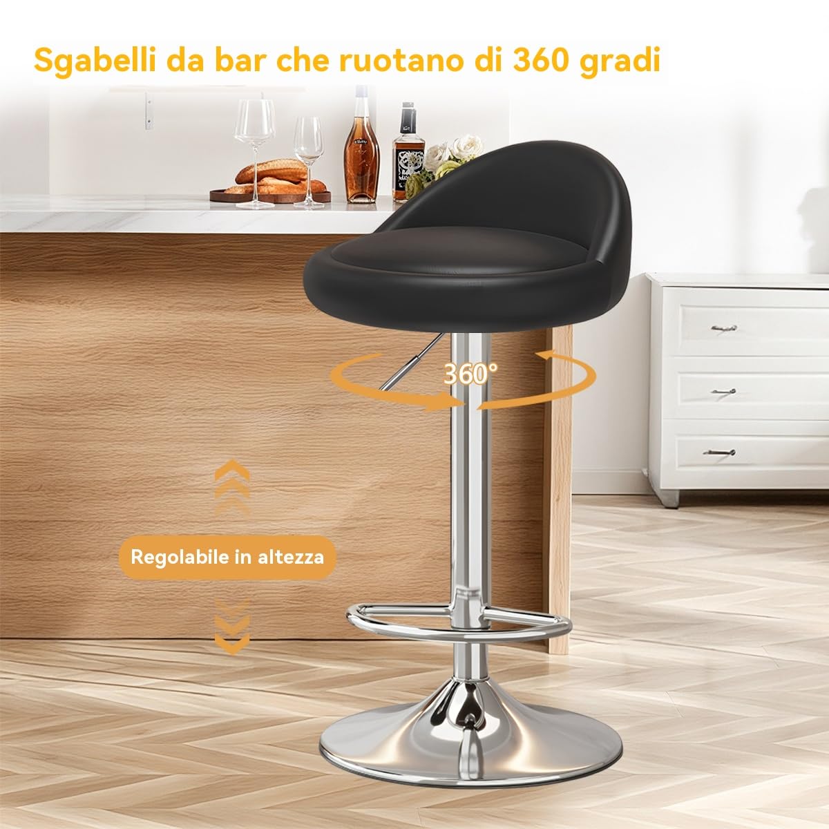 Set di 4 Sgabelli da Bar Regolabili, Sgabelli Girevoli Moderni ed Ergonomici con Schienale per Bancone Cucina, Rivestiti in Pelle PU con Schienale Basso