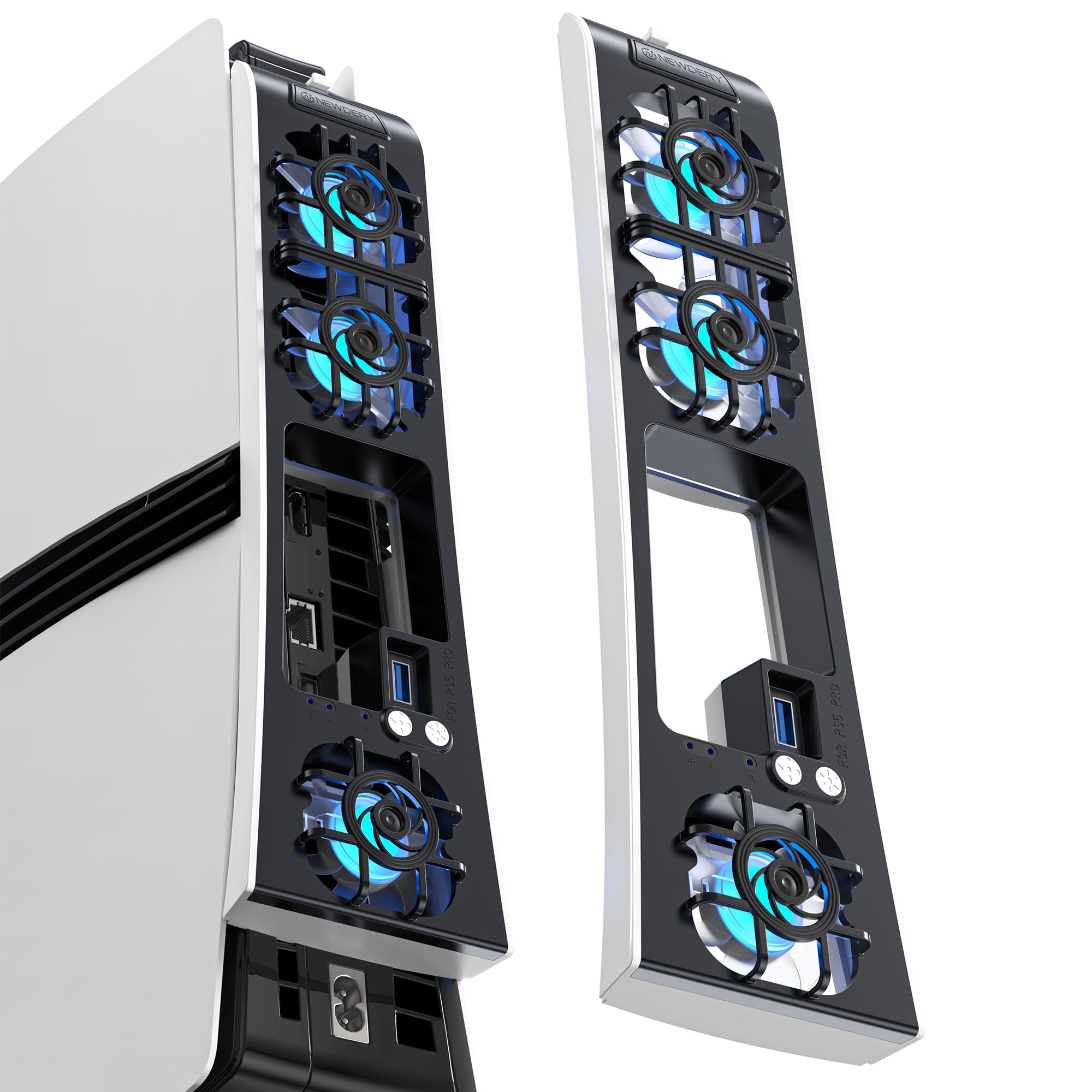 NEWDERY Wentylator do konsoli PS5 Pro, cichy, automatyczna prędkość obrotów, regulacja temperatury, dynamiczne oświetlenie RGB, port USB 3.0, kompatybilny z PlayStation 5 Pro Disc & Digita