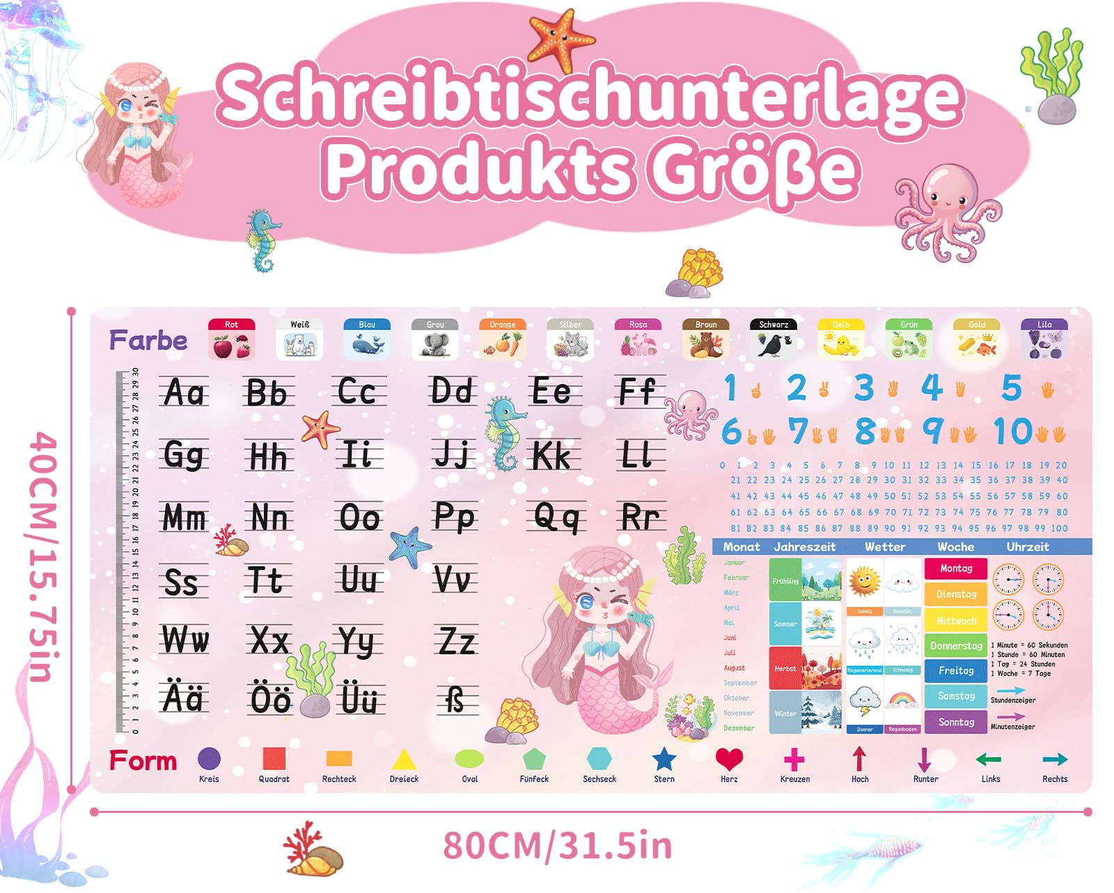 Niviy Schreibtischunterlage Kinder 80X40CM Meerjungfrau | XXL Mauspad Lernunterlage PU-Leder, rutschfest, wasserfest, abwischbar, Schreibunterlage Geschenk für Mädchen Schulanfang