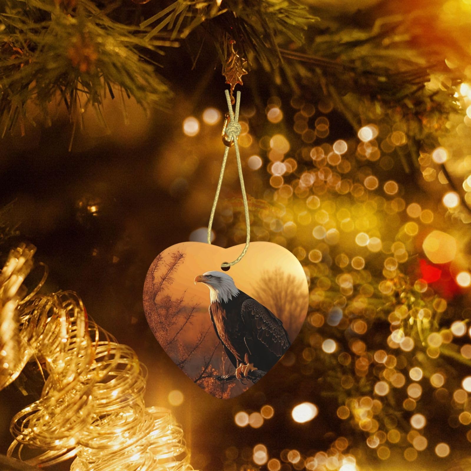 Christmas Heart Shaped Ornaments 1 Pcs, Double-Side Ceramic Xmas Tree Hanging Ornament with Gold String Golden Sunset Bald Eagle Personalized Porcelain 2025 Christmas Pendent