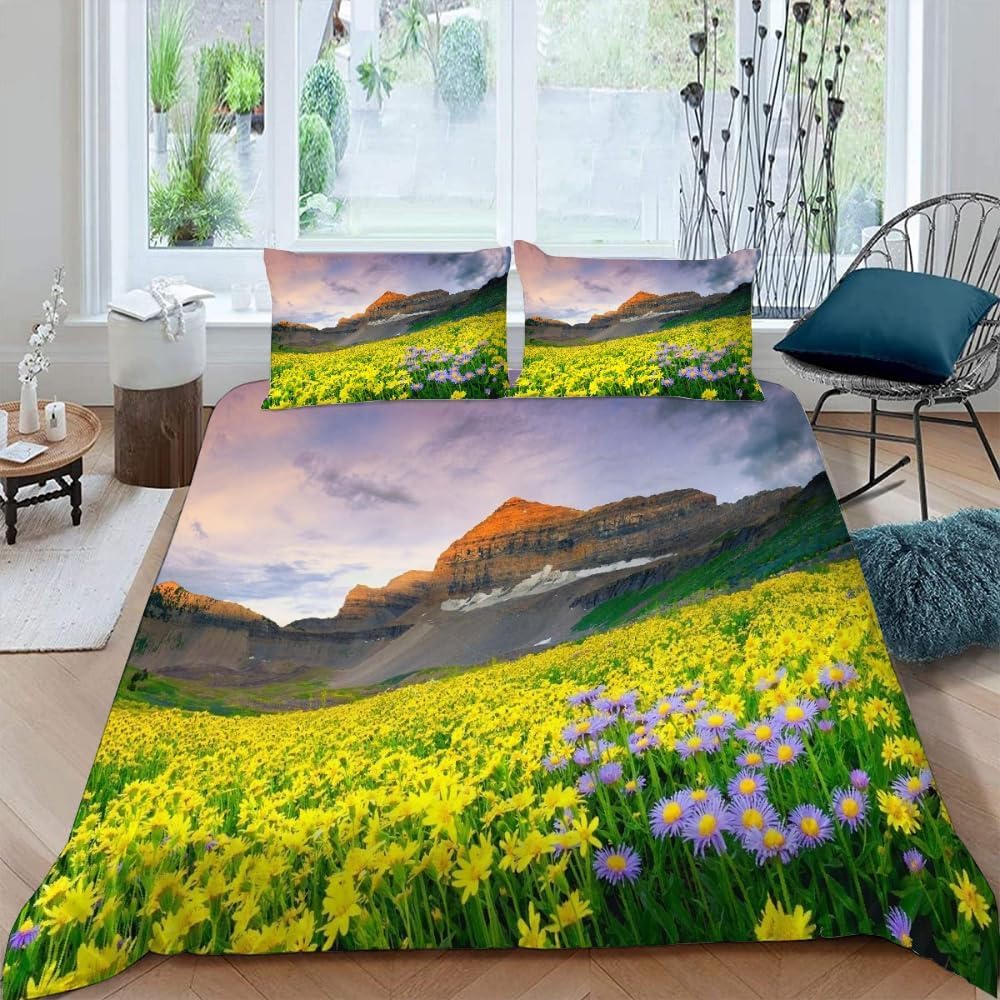 Housse de couette 160x200 champs de fleurs anti-plis et facile à repasser