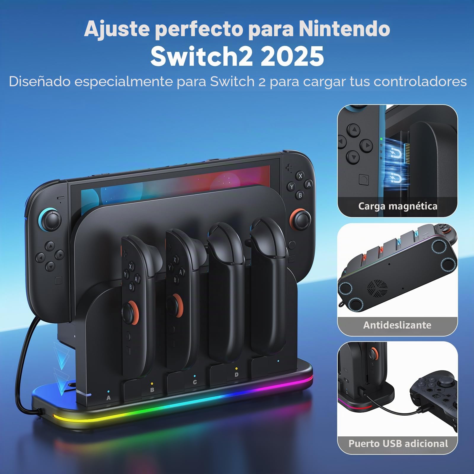 Base de Carga y refrigeración para Nintendo Switch 2 con Ventilador de refrigeración, luz RGB, Indicadores LED, Soporte de Carga magnético Compatible con Switch 2 Joy con | Ventilador de refrigeración, luz RGB, indicadores LED, soporte de cargador magnéti