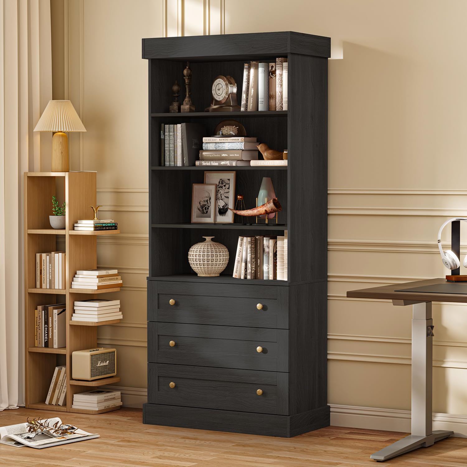 ivaniti 71" Tall Farmhouse Bookshelves, Black Large Bookcase with Adjustable Shelves, 3 Drawers Wooden Storage Cabinet for Living Room, Kitchen, Home Office, Dining Room, Open Cabinet