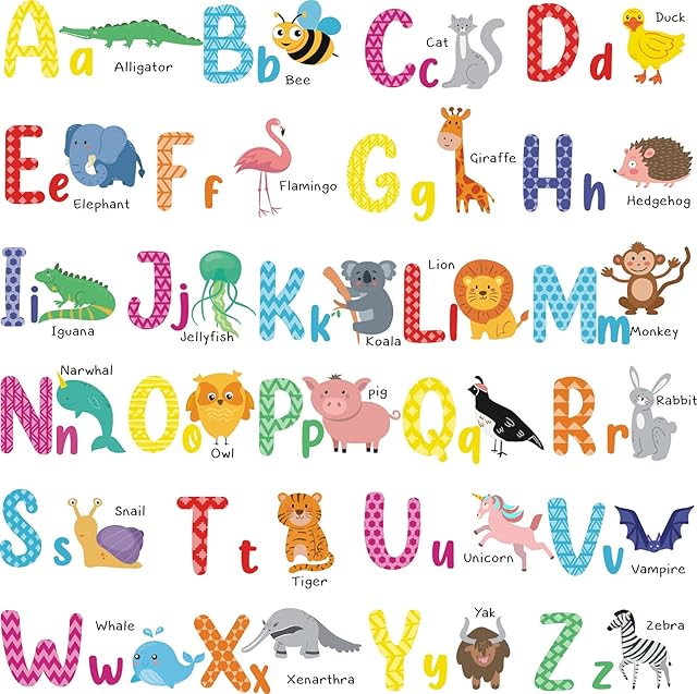 Colorful Alphabet Wall Stickers, Animals ABC Wall Art Decals, Watercolor Educational ABC Alphabet Wall Art Stickers for Kids Boys Girls Room Nursery Bedroom Living Room Art murals Decorations