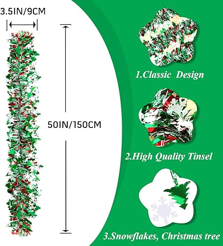 Miniatura 2 de Guirnalda de oropel de 50 pies para decoración de árbol de Navidad, guirnalda torcida Xams con árbol de copo de nieve para escaleras, barandilla,