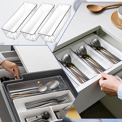 Miniatura 6 de Paquete de 12 cajones organizadores de plástico transparente de 9 x 3 x 2 pulgadas, bandejas de almacenamiento apilables para utensilios de cocina,