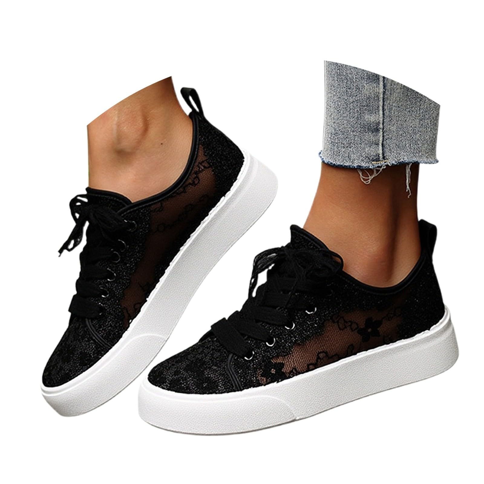 Scarpe da ginnastica da donna in pizzo bianco, in rete trasparente, con fiori, ricamate, piatte e traspiranti, eleganti, per il tempo libero, per lo sport all'aria aperta