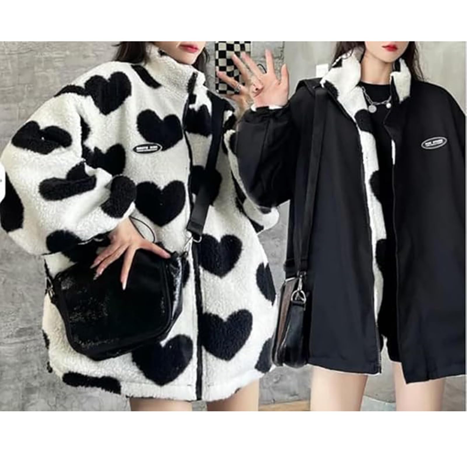 Damen Fleece Sherpa Jacken Reversible Kawaii Herz Print Fuzzy Zip Up Cutecore Mäntel Ästhetische Y2k Gyaru Kleidung