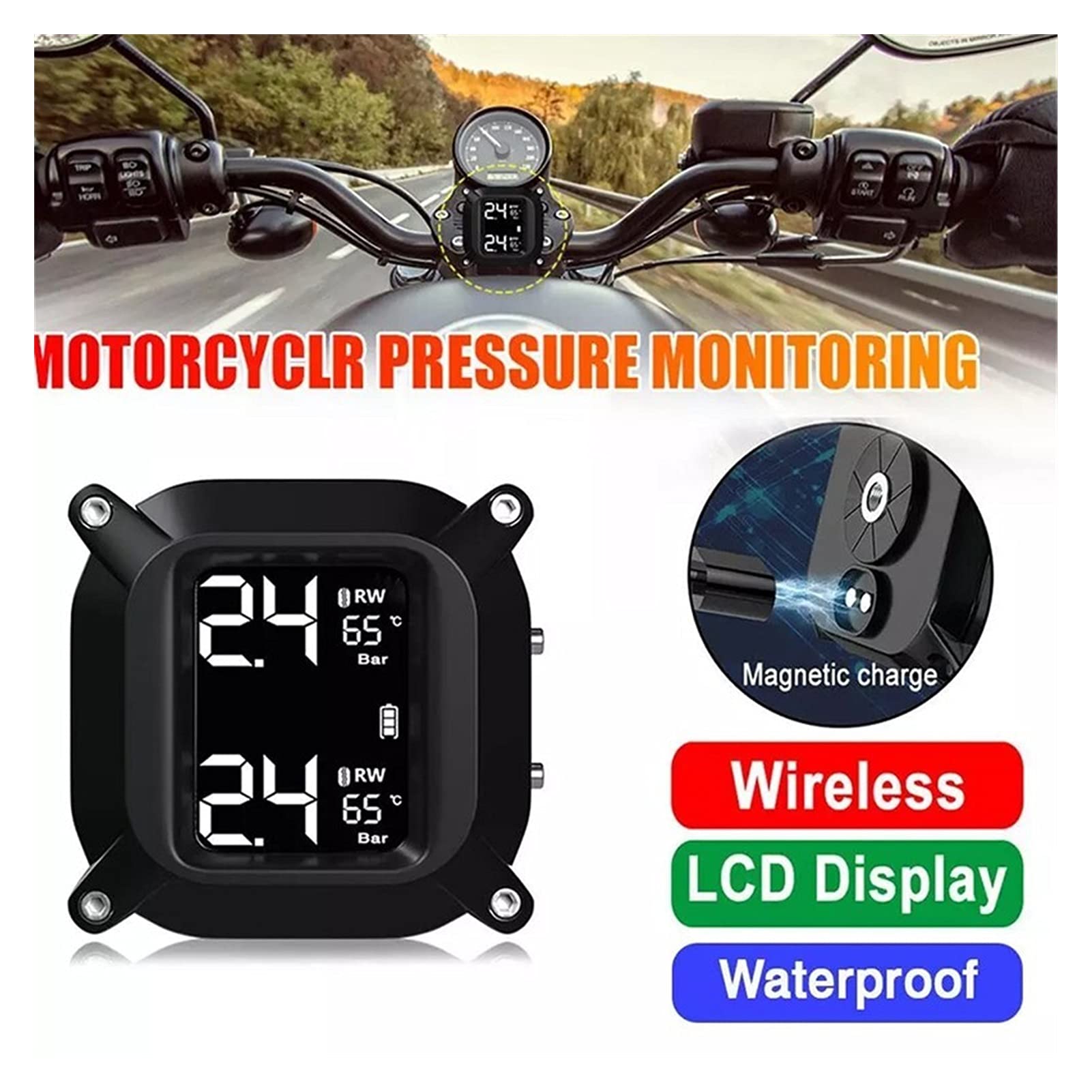 Strumenti di controllo della pressione dei pneumatici Motocicletta wireless. TPMS. Sistema di monitoraggio della pressione dei pneumatici 2PCS Sensore esterno LCD. Allarme del monitor della temperatur