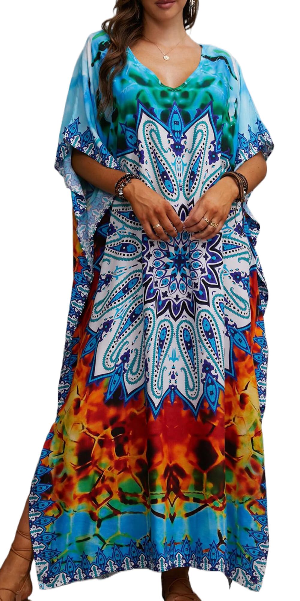 AIEOE Kaftan Mujer Vestido Caftan Largo para Mujer con Estampado Kaftan Mujer Verano Caftán Algodón Mujer Bikini Cover Up