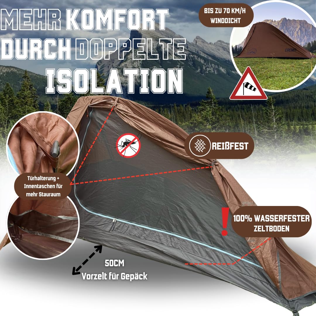 Tienda GOALPINE® para 1 y 2 Personas Grandes | Impermeable 4000 mm | tamaño de Paquete pequeño | para Senderismo, excursiones de montaña y Ciclismo | Ultraligero | 4 Estaciones | construcción rápida
