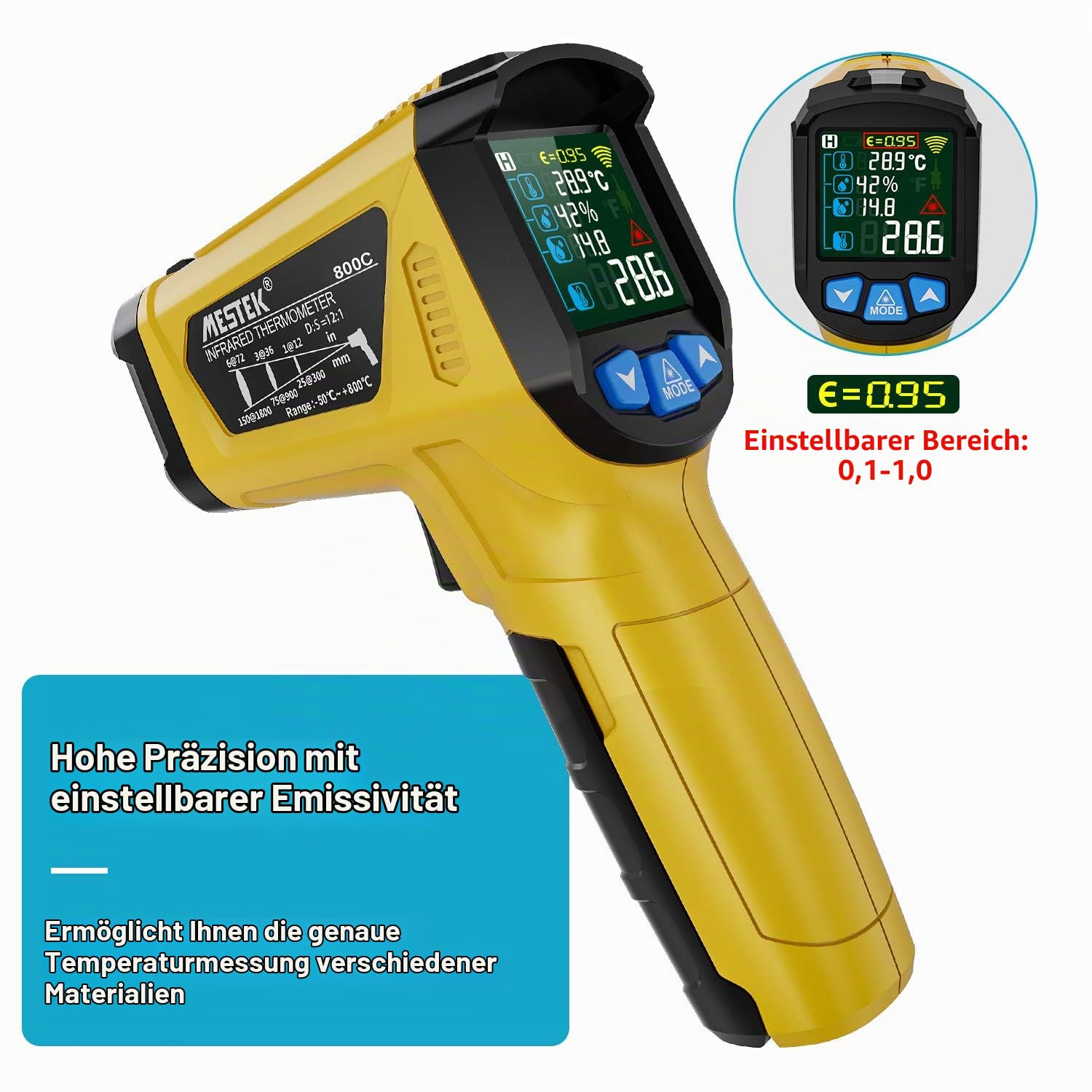 Infrarot Thermometer MESTEK Laser Temperaturmessgerät Digital IR Pyrometer K-Sonde -50°C ~ 800°C Berührungslos mit Farbe lcd Alarmfunktion Einstellbarer Emissionsgradfür Küche Automotive Industrie