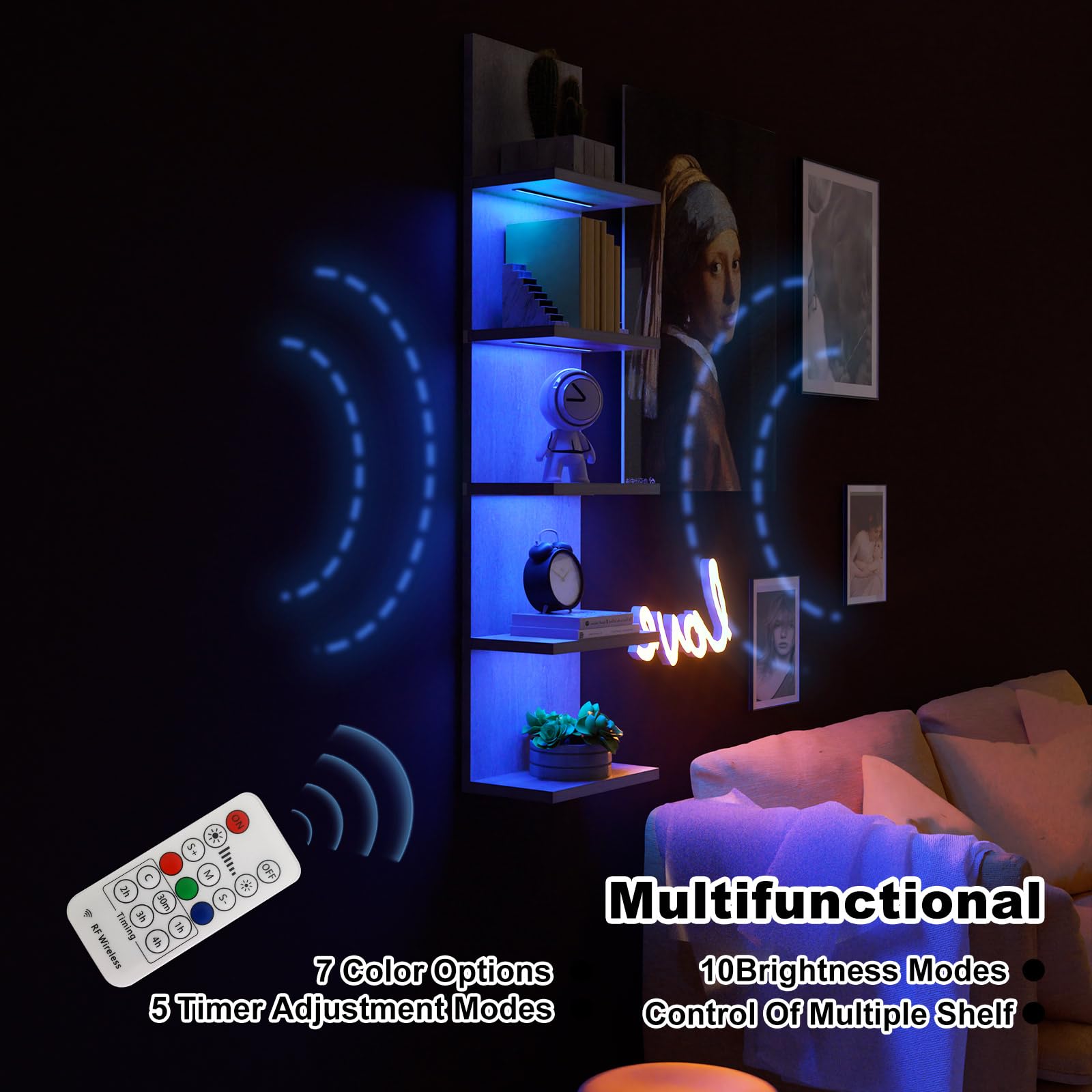 VIWODS Estantería de pared de 5 niveles con luz RGB, estante flotante para almacenamiento de pared, estante vertical montado en la pared con control remoto para dormitorio, sala de estar, tocador