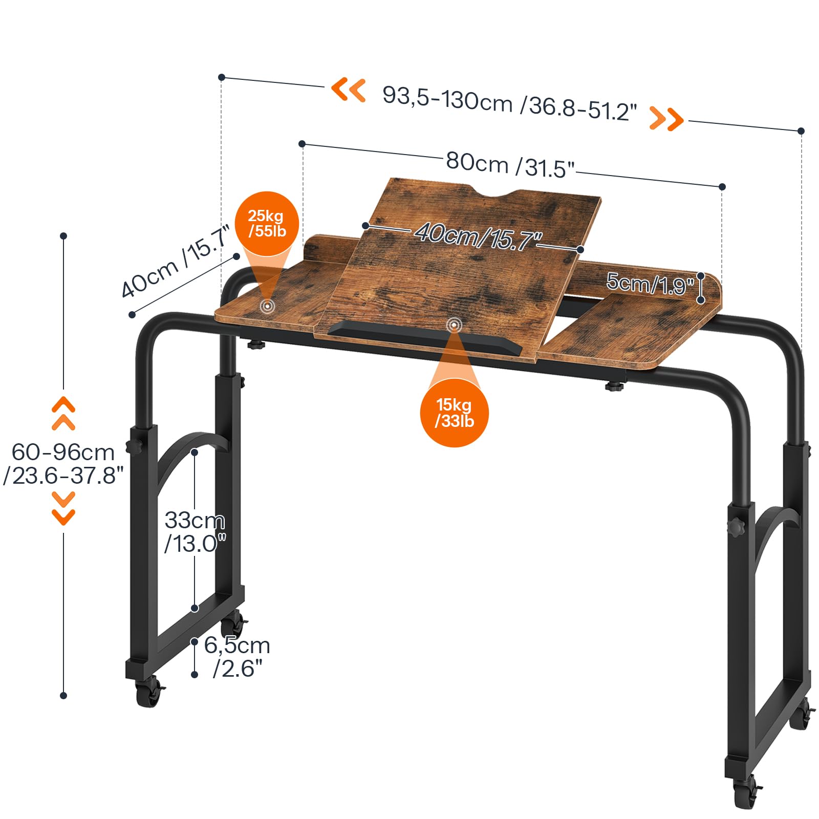 HOOBRO Mesa Auxiliar Móvil para Cama, con Longitud y Altura Ajustables, con Borde Frontal de Protección, para Sillón Individual, Cama Individual, Dormitorio y Oficina, Marrón Rústico y Negro EBF84DN01