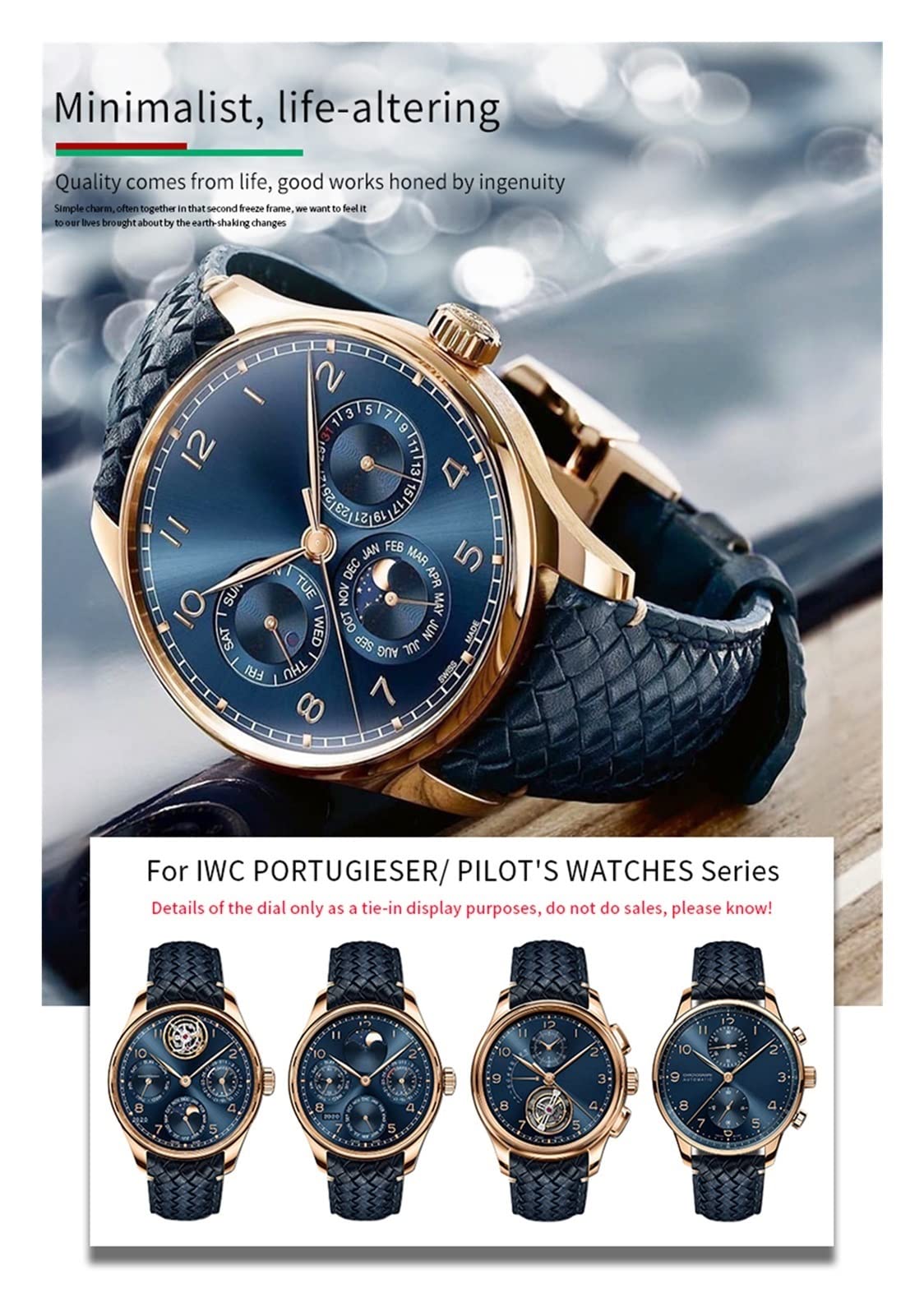 SERDAS Cinturino in pelle di cuoio vera in tessuto da 21mm 22mm in tessuto in tessuto cinturino da vacchetta per IWC. Portogieser IW394005 IW3777. Watchband soft blu.