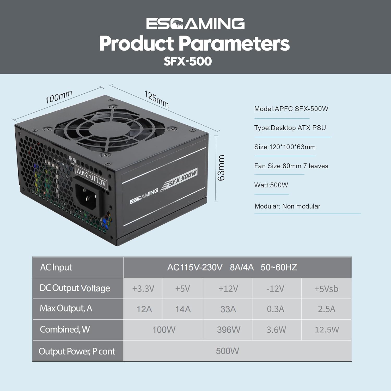 ESGAMING SFX 500W / Mini ITX/Micro ATX, Full Range Active PFC 110-240V, Low Noise Desktop Gaming Server SFX Form Factor Computer Power Supply