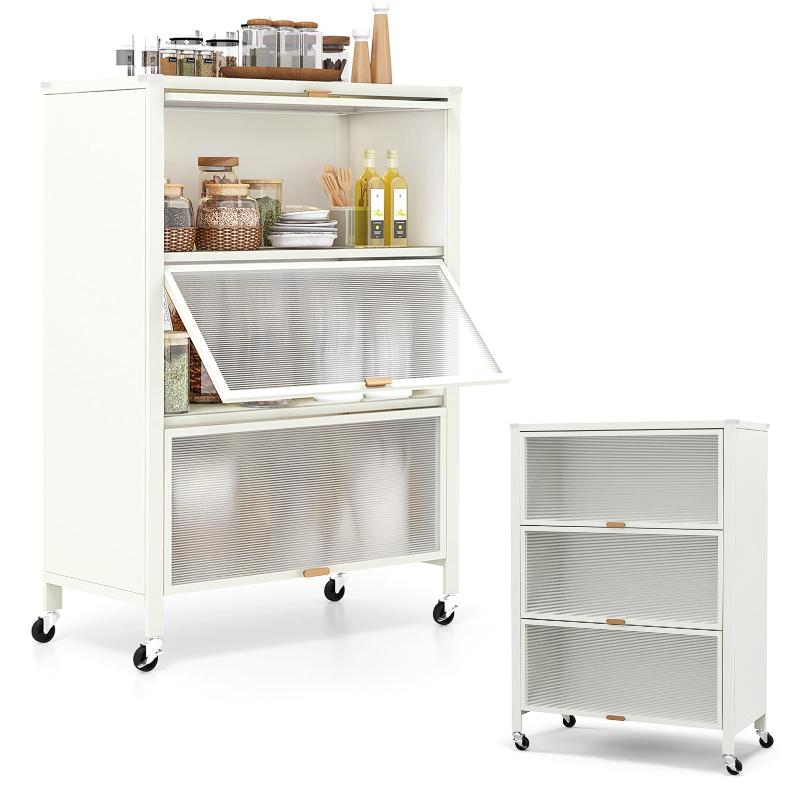 KOMFOTTEU Küchenregal mit 4 Ebenen, Küchenschrank mit 4 Rollen und transparenten Klapptüren, Aufbewahrungsschrank aus Metall mit Kippsicherung für Esszimmer, 81 x 37 x 115 cm