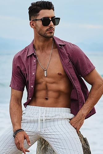 Miniatura 50 de JMIERR Camisas de vestir a rayas con botones y manga corta para hombre