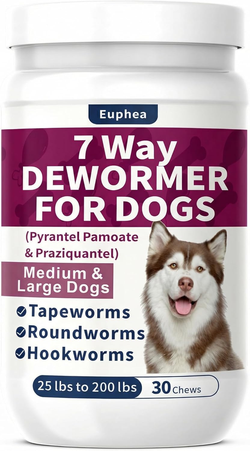 7-Way Dewormer for Dogs, Wormer for Tapeworms, Roundworms & Hookworms in Medium Dogs & Puppies (Over 25 lbs), with Praziquantel & Pyrantel Pamoate, 30 Tablets