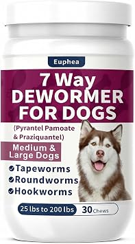 7-Way Dewormer for Dogs, Wormer for Tapeworms, Roundworms & Hookworms in Medium Dogs & Puppies Over 25 lbs, with Praziquantel & Pyrantel Pamoate, 30 Tablets