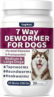 7-Way Dewormer for Dogs, Wormer for Tapeworms, Roundworms & Hookworms in Medium Dogs & Puppies (Over 25 lbs), with Praziquantel & Pyrantel Pamoate, 30 Tablets