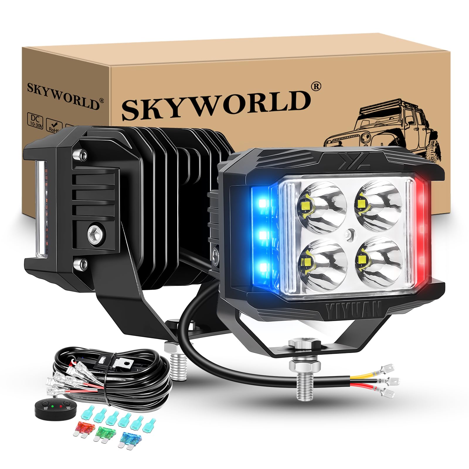 SKYWORLD 2 x lampa robocza LED stroboskopowa z zestawem wiązki przewodów 12 V, 10 cm, 35 W, boczne światła LED, lampa przeciwmgielna, do samochodów 4 x 4, terenowych, ciężarówek, SUV-ów, ATV
