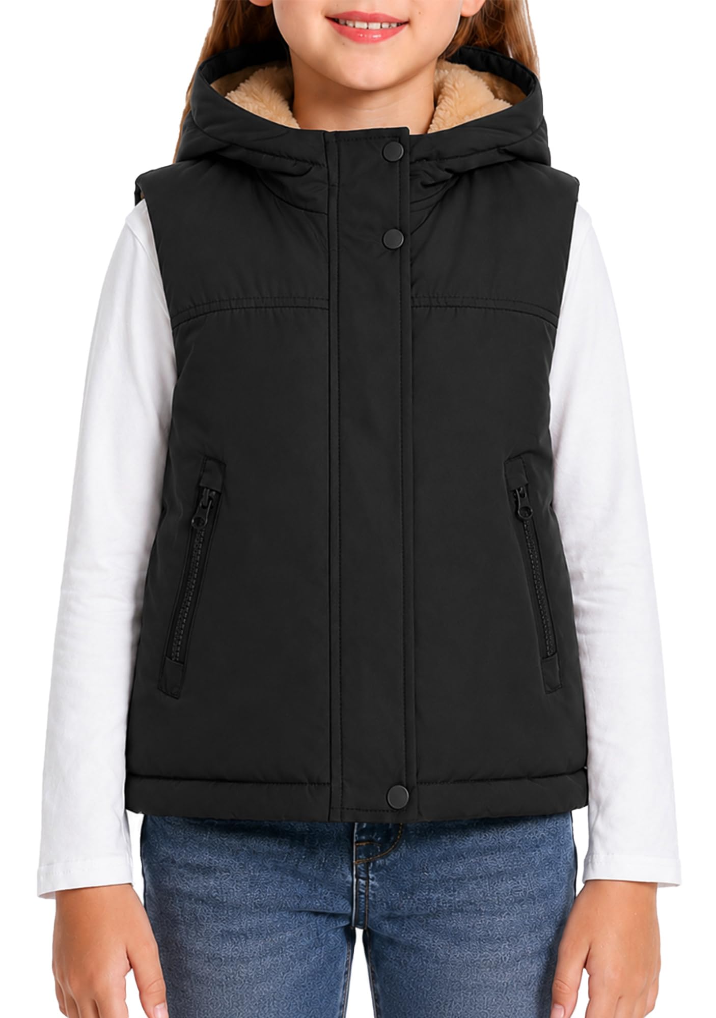 Gilet trapuntato per bambini e bambine, invernale, caldo, foderato in pile, giacca softshell con cappuccio, chiusura lampo, cappotto invernale antivento, senza maniche