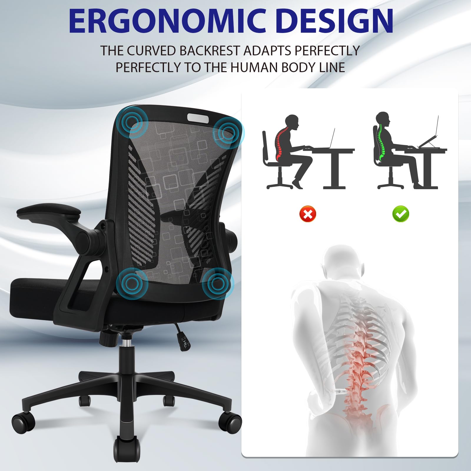 Milacyee Chaise de Bureau Ergonomique, Accoudoirs Rabattables 90°, Support Lombaire, Maille Respirante, 120° Inclinaison（Ne Peut Pas être verrouillé）, Roues Silencieuses 360°, Charge 102kg