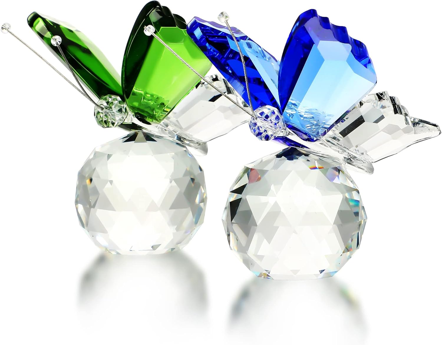 H&D HYALINE & DORA Set 2pcs Butterfly Crystal Figurine Collection Cut Glass Animal Ornament Art Craft Statue with Ball Base Table Wedding Decoration Women Gift
