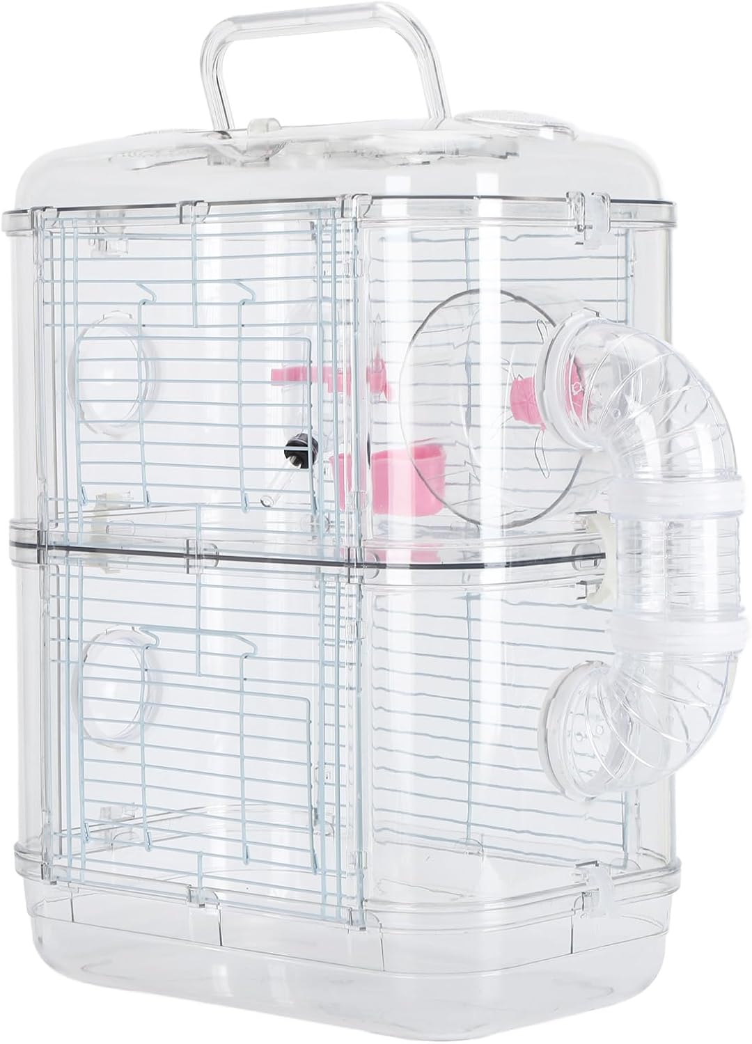 Large Cage, Double Layer Hamster Cage with Tunnel Connection Design, Handle, Multiple Locking Buckles, Two Tiered Design for Hamsters, Includes 6 Accessories, Pink (2 Tier)