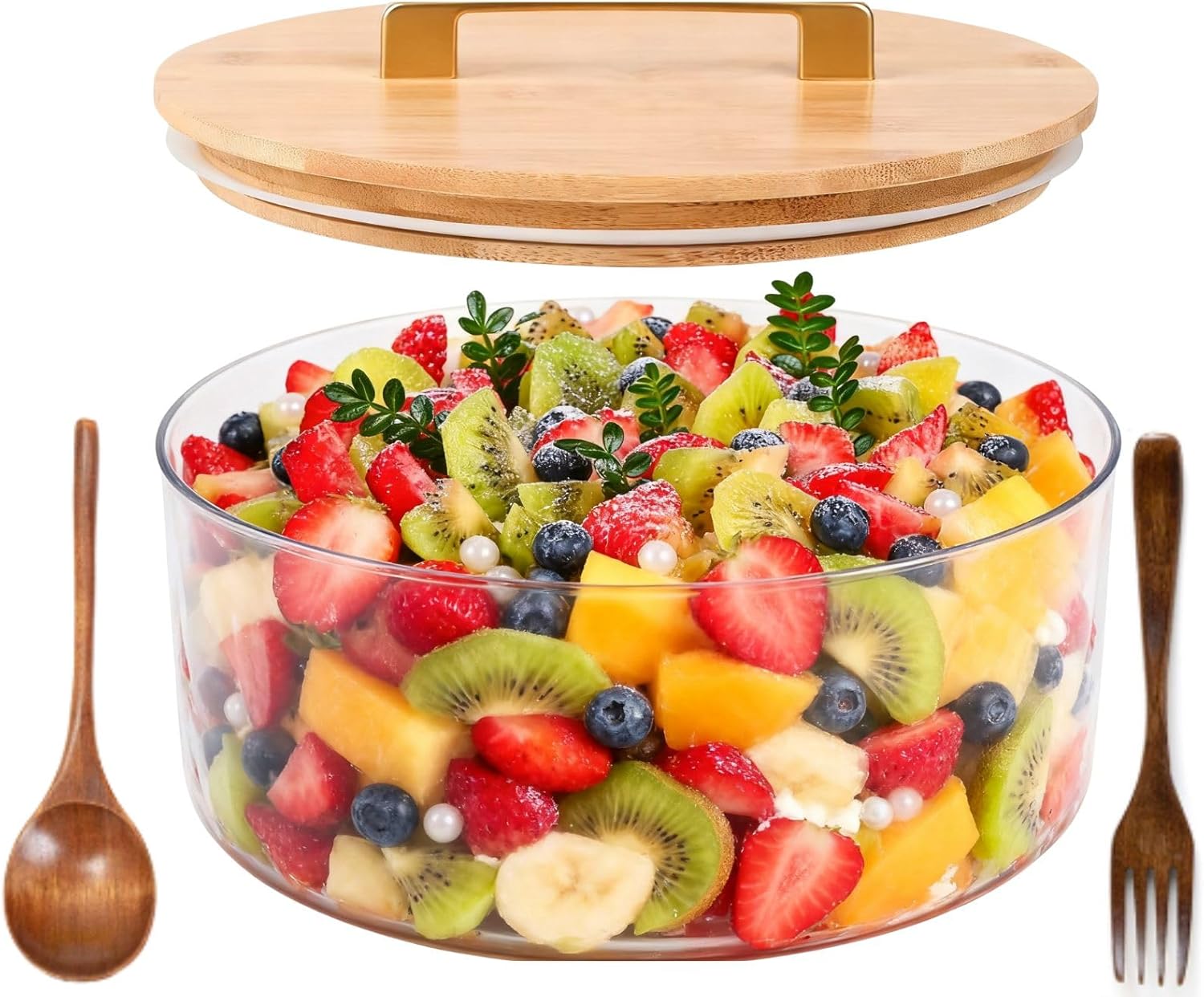 bangminda Glass Trifle Bowl with Lid, Large Salad Bowl with Spoon&Fork,8 inch Mixing and Serving Bowl forSalads, Dessert, Fruit, and Party Displays,Oven,Microwave Safe